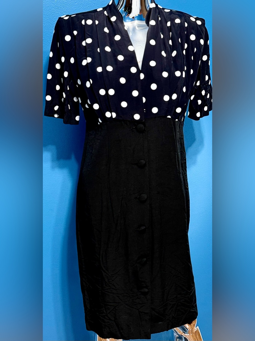 Black and White Polka Dot Midi Dress with Button Front Size 10